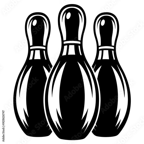 A monochrome graphic illustration of three bowling pins in vector format