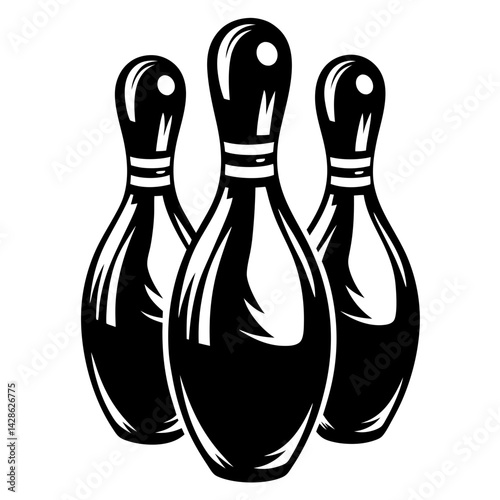 Three Bowling Pins in a Bold Black and White Graphic Design