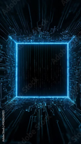 Digital landscape featuring a glowing blue circuit frame in a dark space with a sense of depth and technology