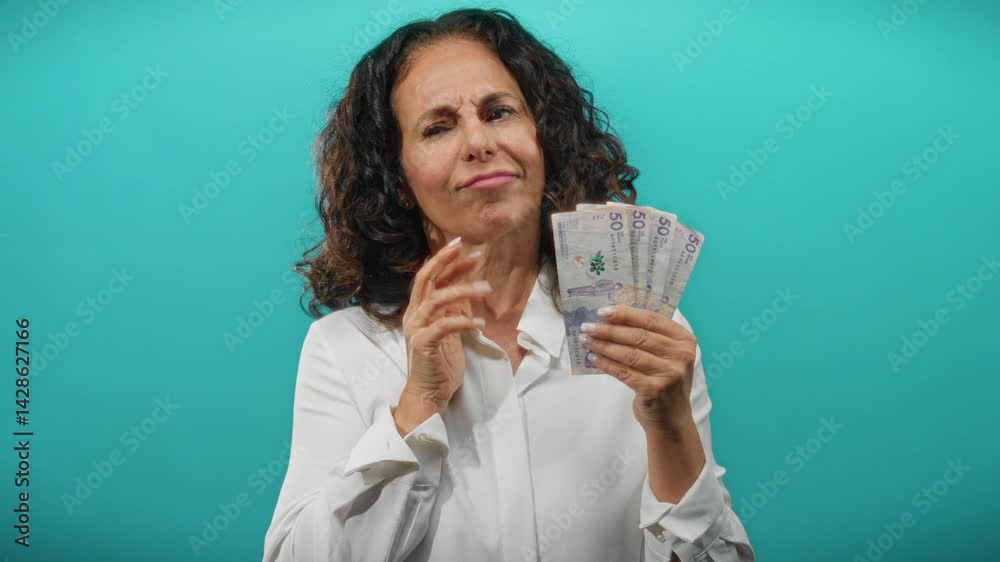 Middle-aged woman holding colombian pesos thoughtfully against a blue background, reflecting on finances and monetary value. Middle-aged woman holding colombian pesos thoughtfully against a blue background, reflecting on finances and monetary value.