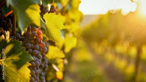 Golden sunlight illuminates grapevines in a vineyard during harvest season in autumn