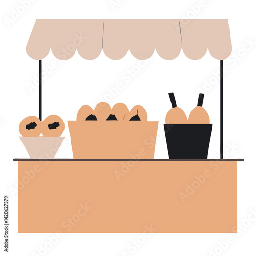 Food stall with baked goods in flat minimal illustration