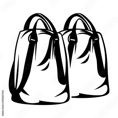 Monochrome illustration of two stylish tote bags with handles and shoulder straps