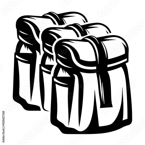 Three identically packed rucksacks or bags in black and white illustration