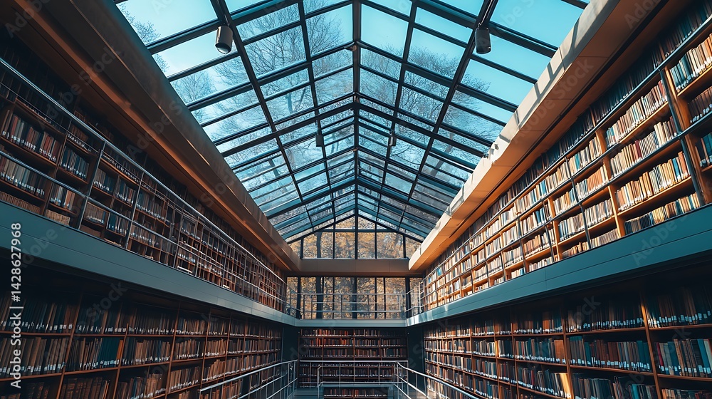 Fototapeta premium Extensive library interior with glass skylight and bookcases.