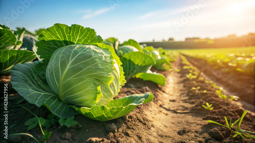Cabbage field on garden area under the blue sky,  Cabbage growing in field
