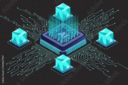 Isometric artificial intelligence chip concept. Artificial intelligence concept. Futuristic microchip processor. Isometric technology
