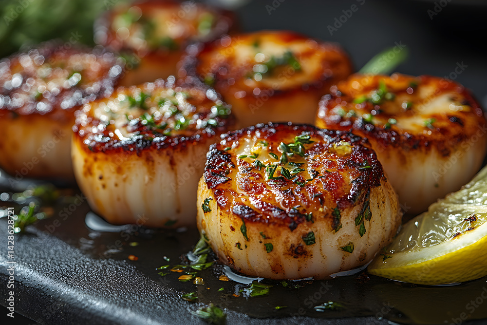 Golden bacon-wrapped scallops served with a side of lemon wedges