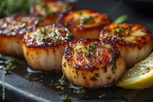 Obraz na płótnie Golden bacon-wrapped scallops served with a side of lemon wedges w salonie