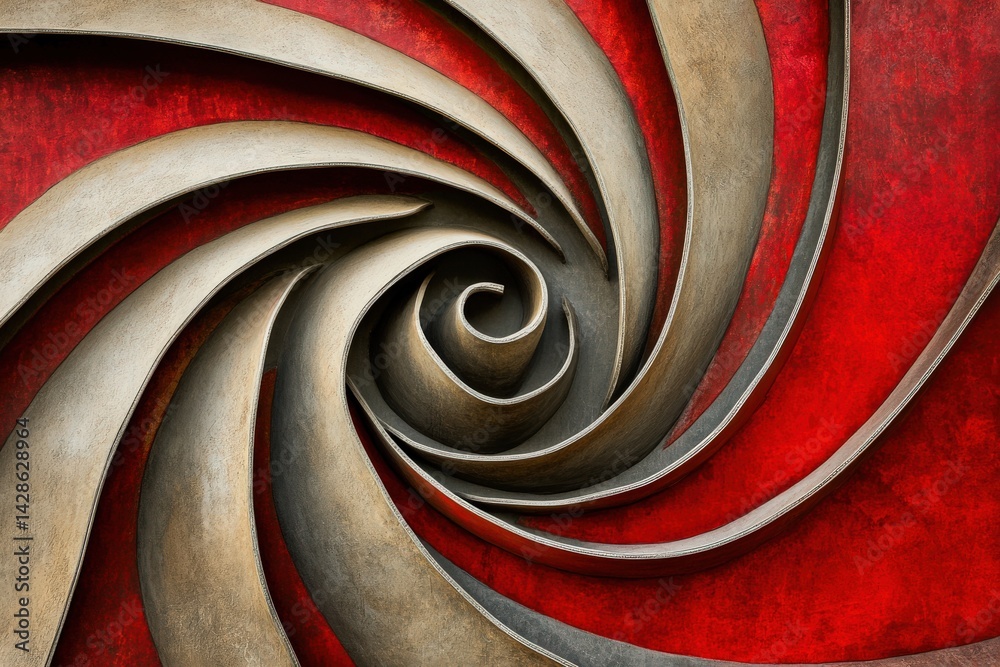 Abstract Spiral Design in Metallic Tones on Red Background