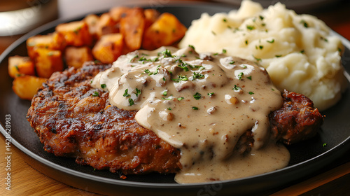 Obraz na płótnie Golden chicken fried steak with creamy gravy and mashed potatoes w salonie