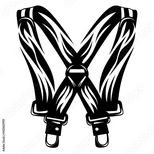 High contrast black and white drawing of suspenders with metal details