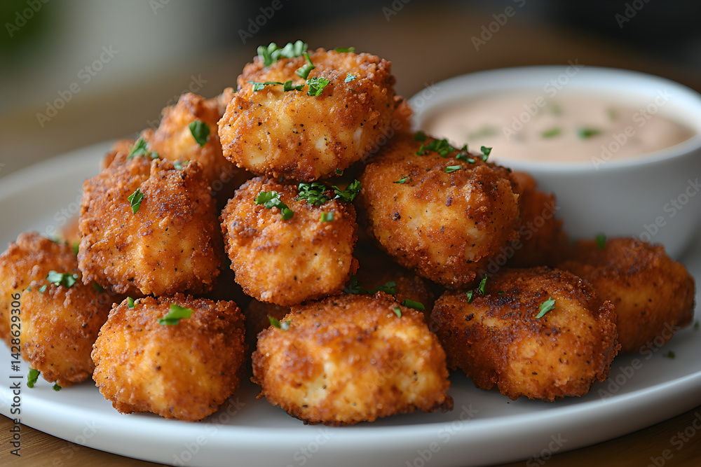 Golden chicken nuggets served on a white plate with a side of ranch