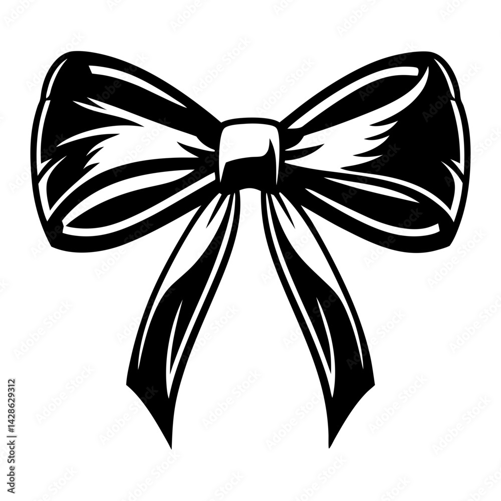 Elegant black and white graphic illustration of a classic ribbon bow Elegant black and white graphic illustration of a classic ribbon bow