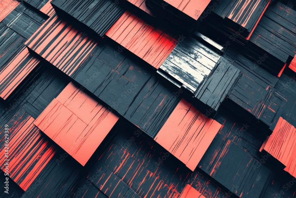 Abstract Stacked Layers of Red and Black Textured Wood Panels