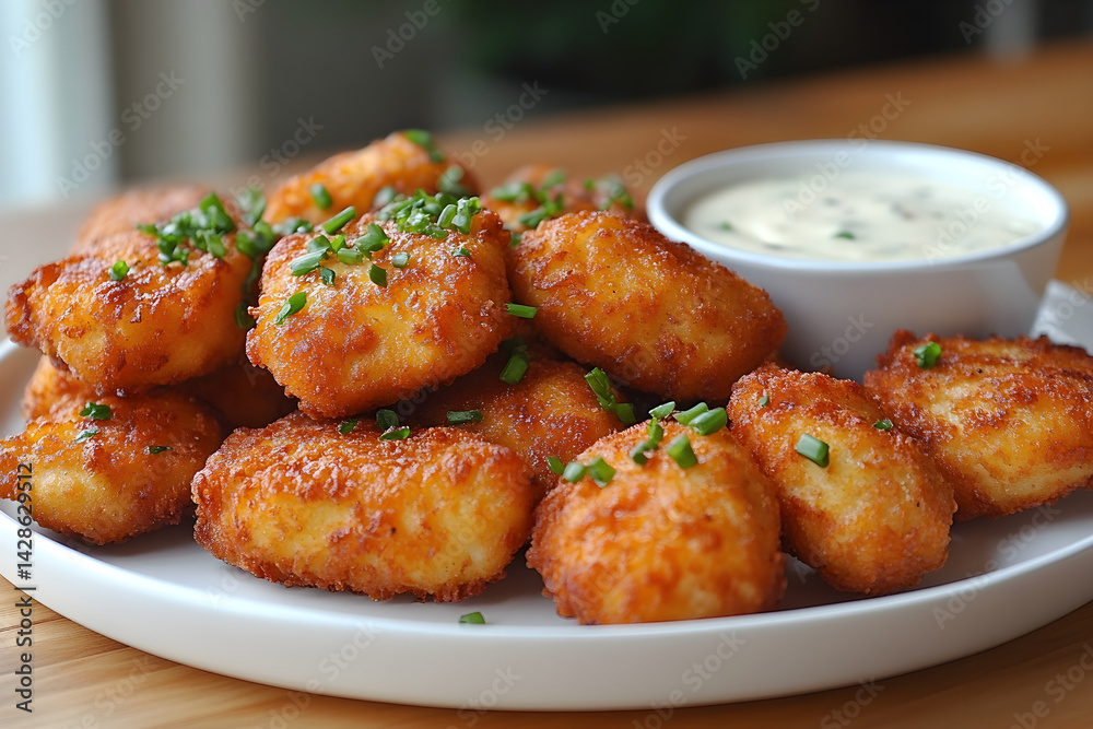 Golden chicken nuggets served on a white plate with a side of ranch