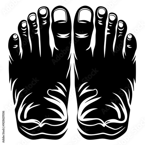 Black and white graphic illustration of two feet with intricate design