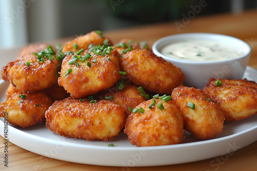 Obraz na płótnie Golden chicken nuggets served on a white plate with a side of ranch w salonie