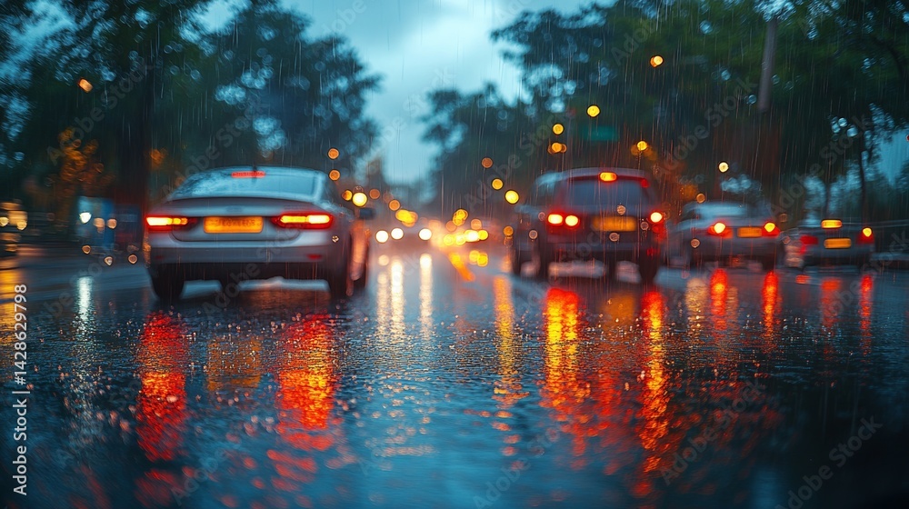 Fototapeta premium Rainy night city street traffic jam with blurred car taillights reflecting on wet asphalt.