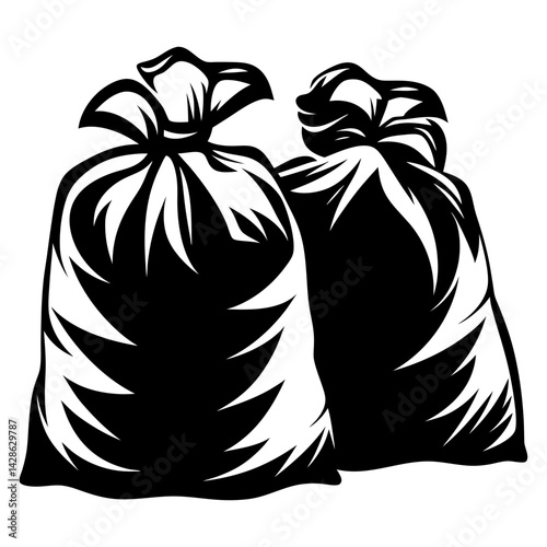 Two monochromatic garbage bags represent waste management issues and cleanup effort