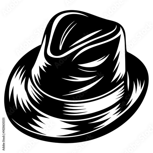 Stylized black and white fedora hat illustration with dramatic shading lines
