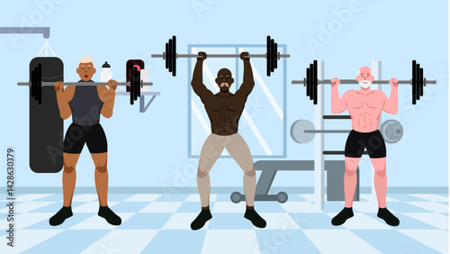 Flat illustration showcasing three men with varying skin tones engaged in weightlifting exercises in a gym.