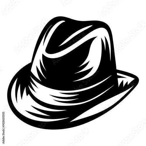 Stylized black and white graphic illustration of a classic fedora hat