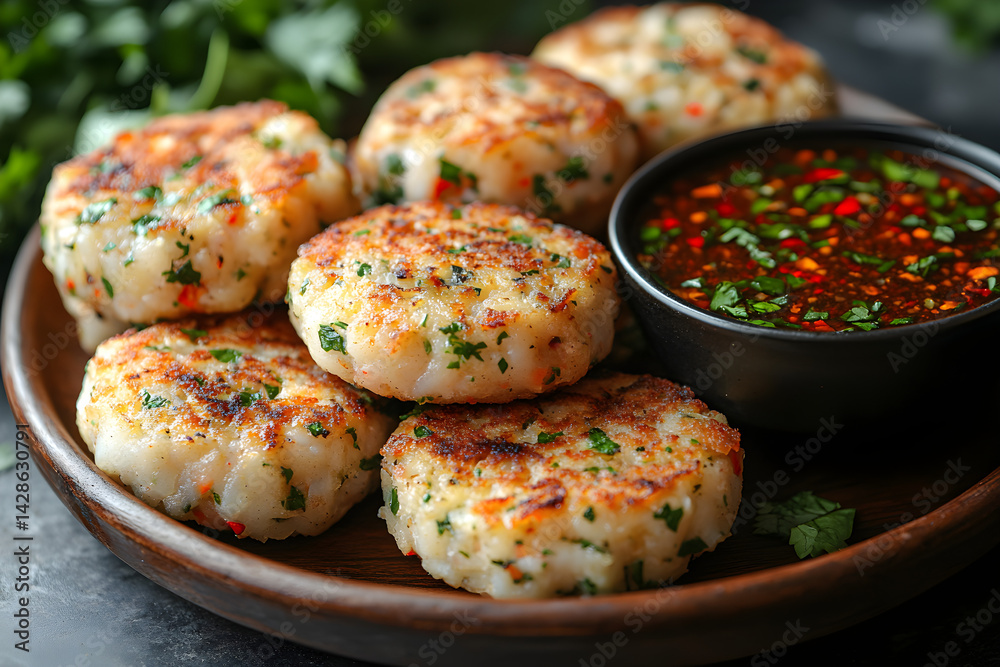 Golden crab cakes with spicy dipping sauce on a rustic plate