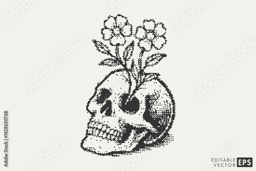 Retro Pixel Skull and Floral
