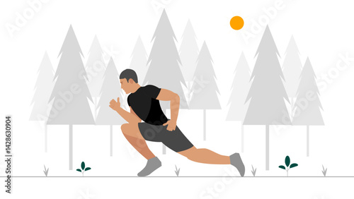 Flat illustration showing a man with medium skin tone trail running through a forest of stylized grey and white pine trees