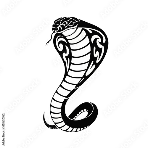 Black and White Cobra Illustration with Tribal Patterns  
