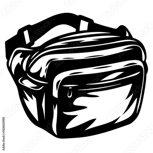 Detailed Black and White Illustration of a Shoulder Bag with Multiple Pockets