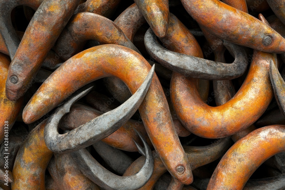 Abstract Texture of Rusty Metal Eel Shapes in Entangled Formation