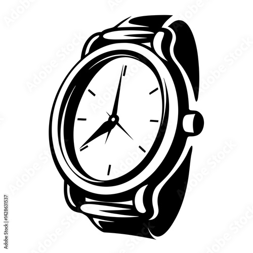 Elegant monochromatic illustration of a stylish wristwatch displaying the current time
