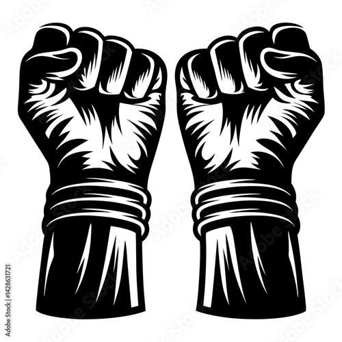 Raised clenched fists in monochrome, expressing unity and solidarity, vector illustration