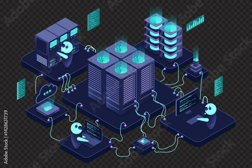 Isometric data center or server room. Data center connection network. Cloud storage. Isometric high technology concept. Isometric technology
