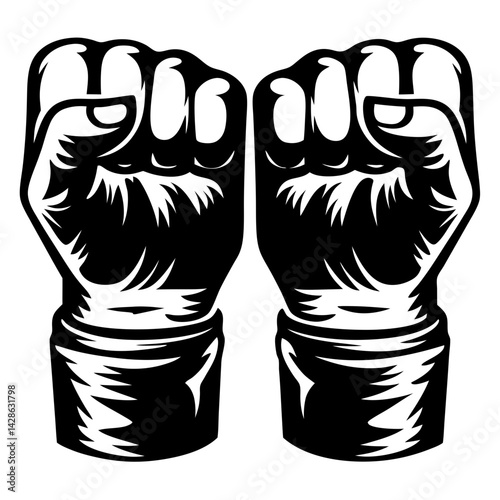 Bold Black and White Illustration of Two Fists Ready for Action