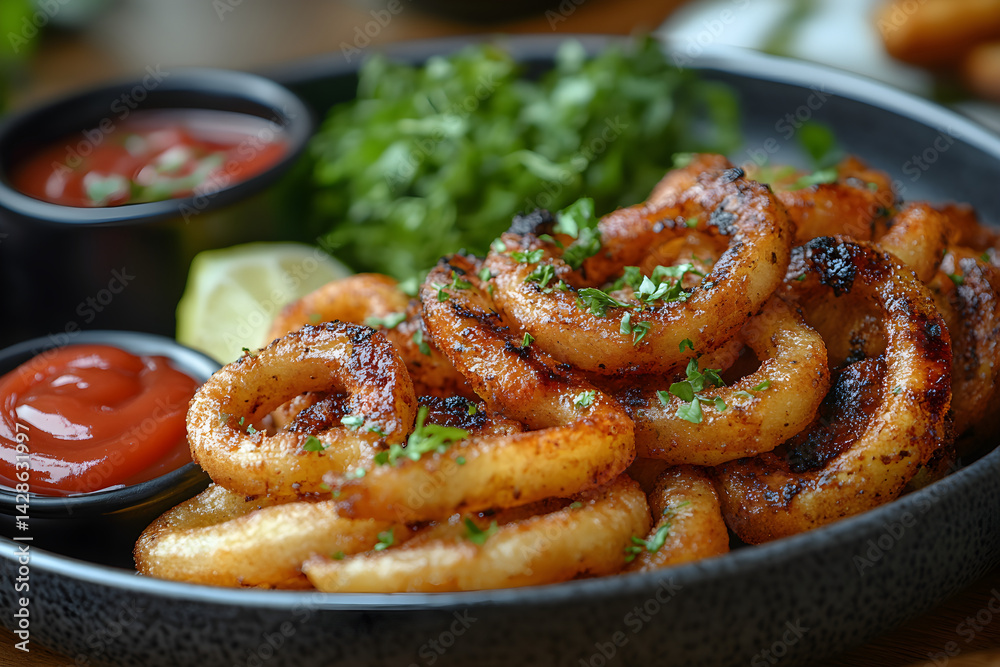 Golden curly fries served with ketchup and a side of grilled chicken