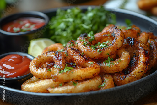 Golden curly fries served with ketchup and a side of grilled chicken
