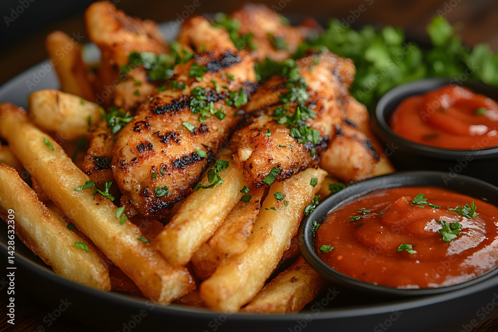 Golden curly fries served with ketchup and a side of grilled chicken