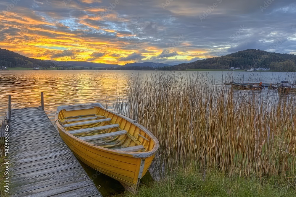 Obraz premium Serene sunset over calm lake, yellow rowboat tied to wooden dock, tall grasses nearby