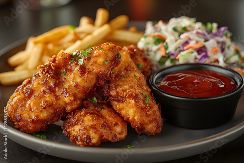 Golden fried chicken tenders served with a side of ketchup and coleslaw