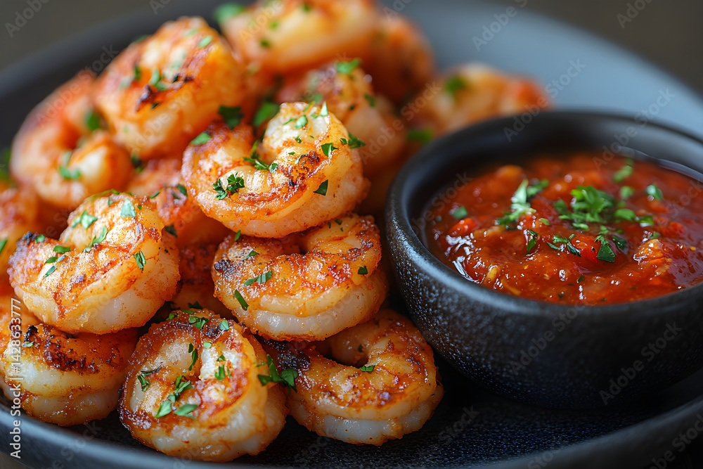 Golden fried shrimp served with a side of spicy cocktail sauce