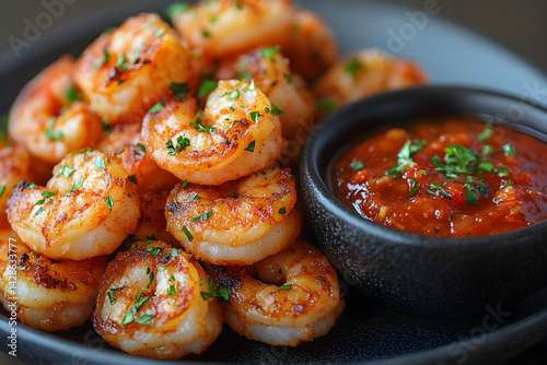Obraz na płótnie Golden fried shrimp served with a side of spicy cocktail sauce w salonie