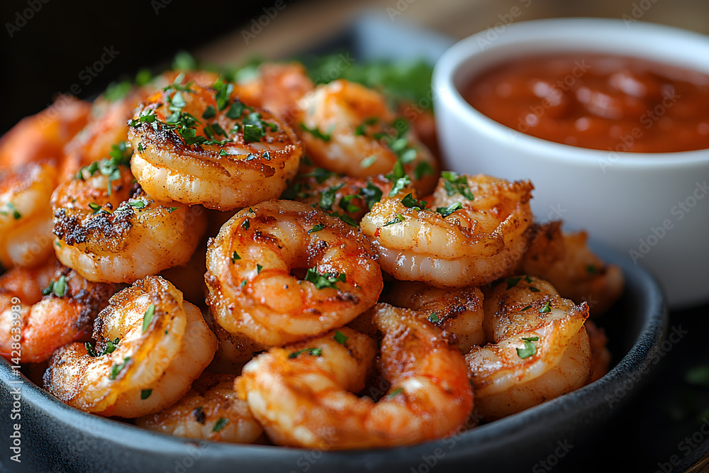 Golden fried shrimp served with a side of spicy cocktail sauce