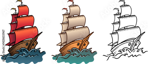 Hand-drawn traditional pirate ship in tattoo style with red, beige sails and outline version. Isolated on white background