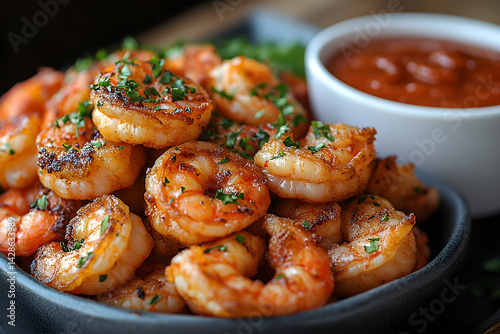 Obraz na płótnie Golden fried shrimp served with a side of spicy cocktail sauce w salonie
