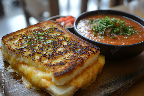 Obraz na płótnie Golden grilled cheese sandwich with a side of tomato soup on a wooden table w salonie