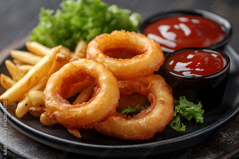 Golden onion rings served with dipping sauce and fries