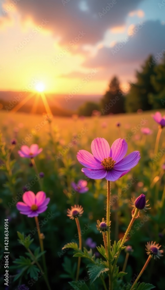 Fototapeta premium Violet and pink wildflowers bloom in a sun-drenched meadow at sunset , peaceful, landscape